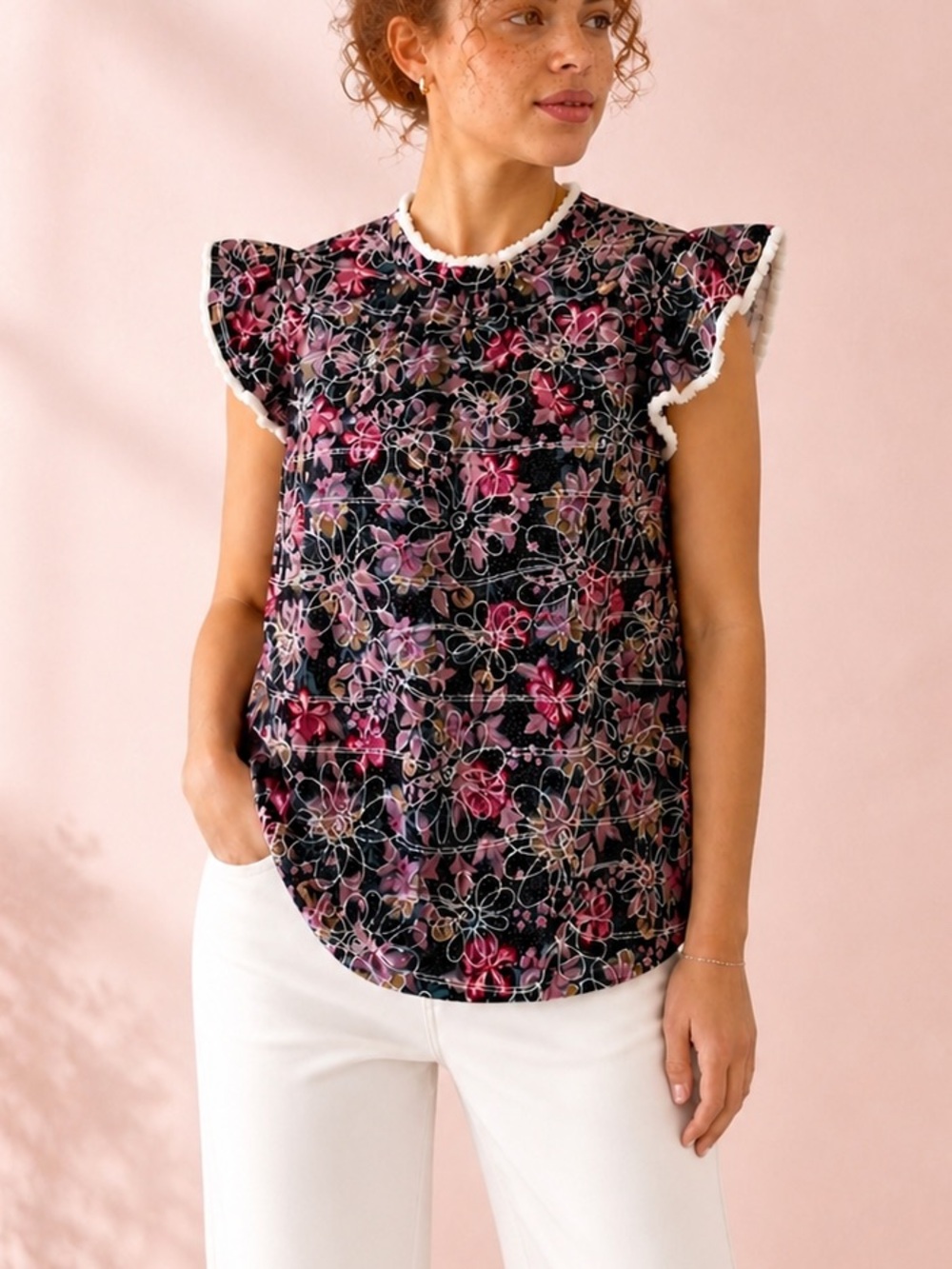 Voy Multicolor Floral Ruffle Sleeve Top w/ Tie Back, SZ S